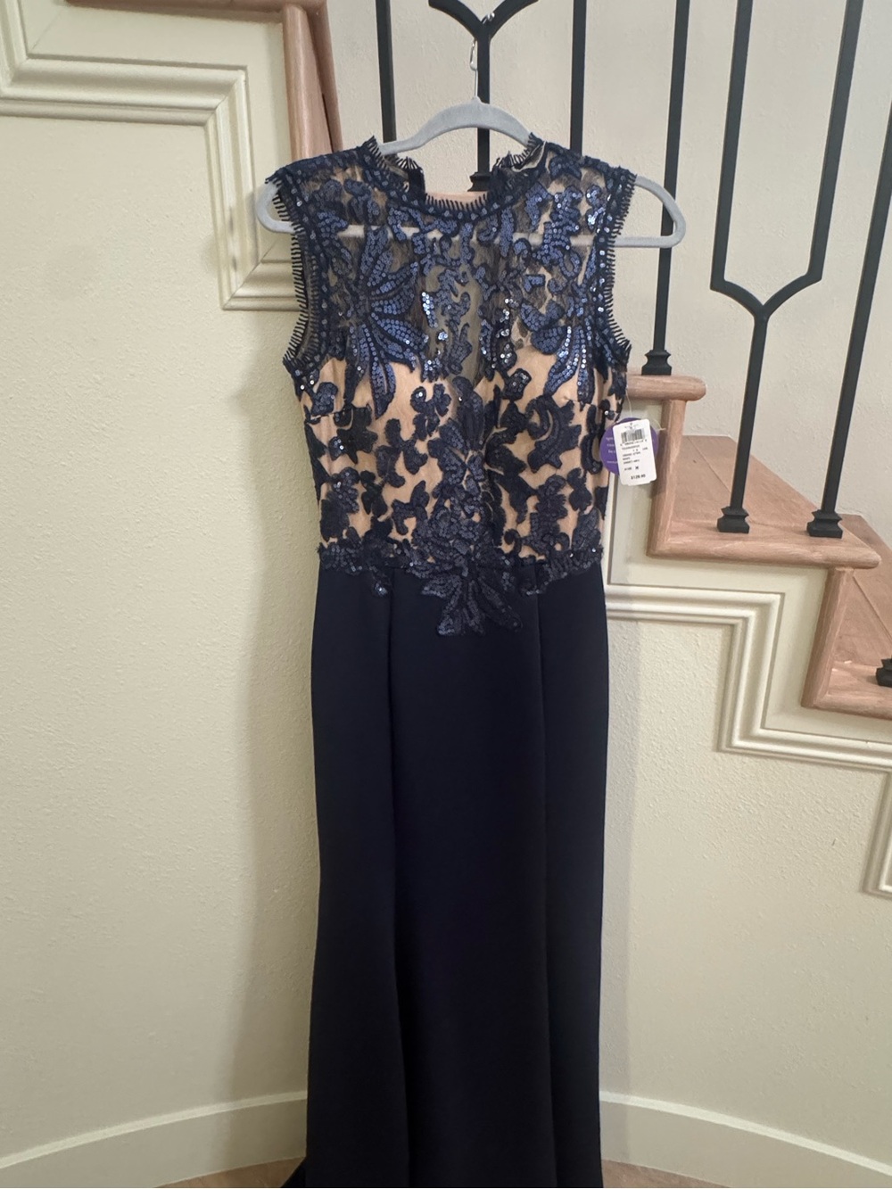 Windsor Navy Sequin Lace & Nude Illusion Evening Gown
